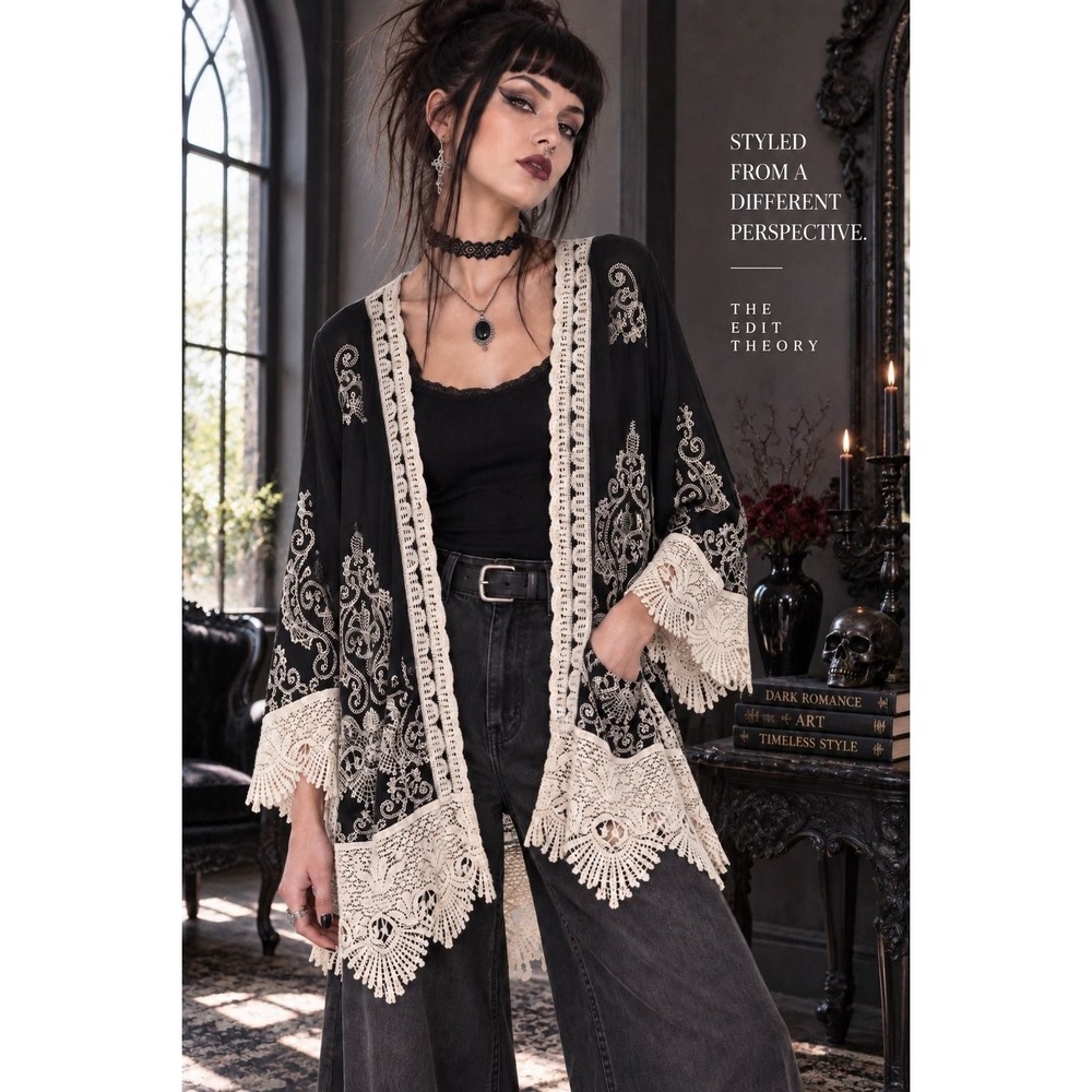Solitaire Black Embroidered Cardigan Crochet Lace Trim 1X Romantic Goth